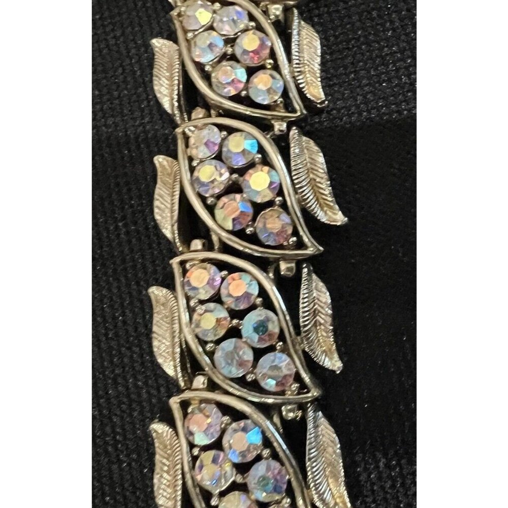 Coro Panel Bracelet Gold Tone Leaves AB Rhinestones Vintage Signed - Picture 2 of 7